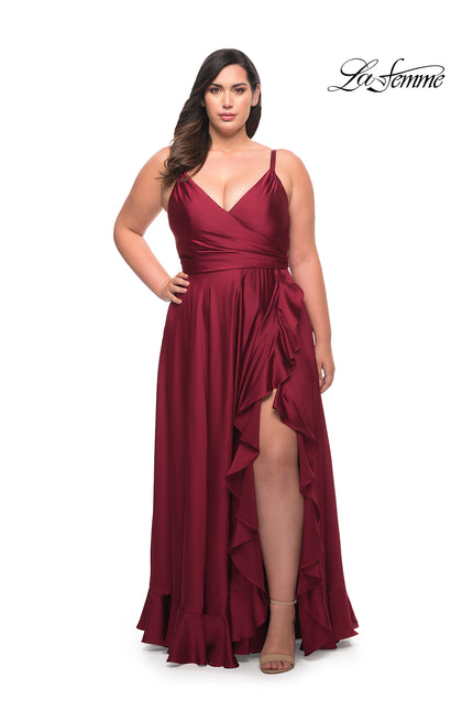 Picture of: Ruffle Slit Satin Long Plus Size Dress with V Neck in Wine, Style: 29740, Detail Picture 1