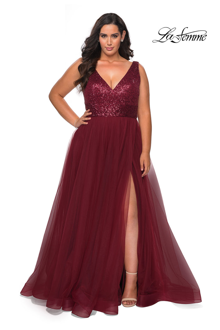 Picture of: Curvy A-line Prom Gown with Sequin Bodice and Tulle Skirt in Wine, Style: 29045, Detail Picture 2