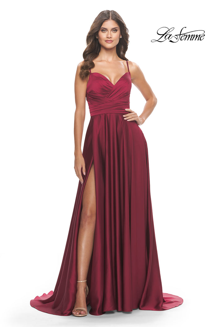 Picture of: Luxury Satin Gown with Criss Cross Bodice in Wine, Style: 31233, Detail Picture 2