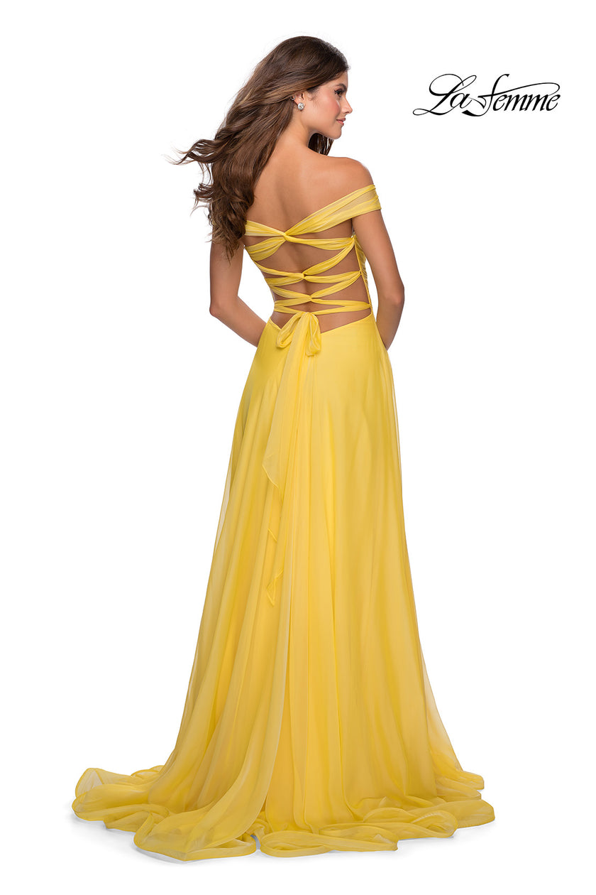 Picture of: Off the Shoulder Chiffon Gown with Plunging Neckline in Yellow, Style: 28546, Back Picture
