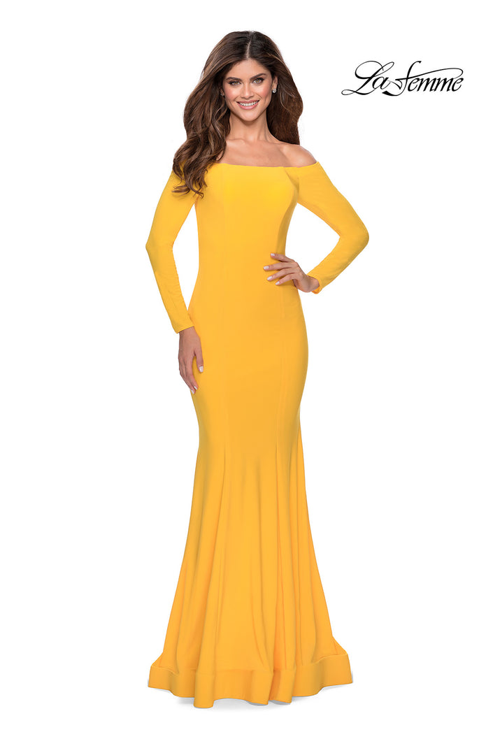 Picture of: Off the Shoulder Long Sleeve Jersey Prom Dress in Yellow, Style: 28754, Back Picture