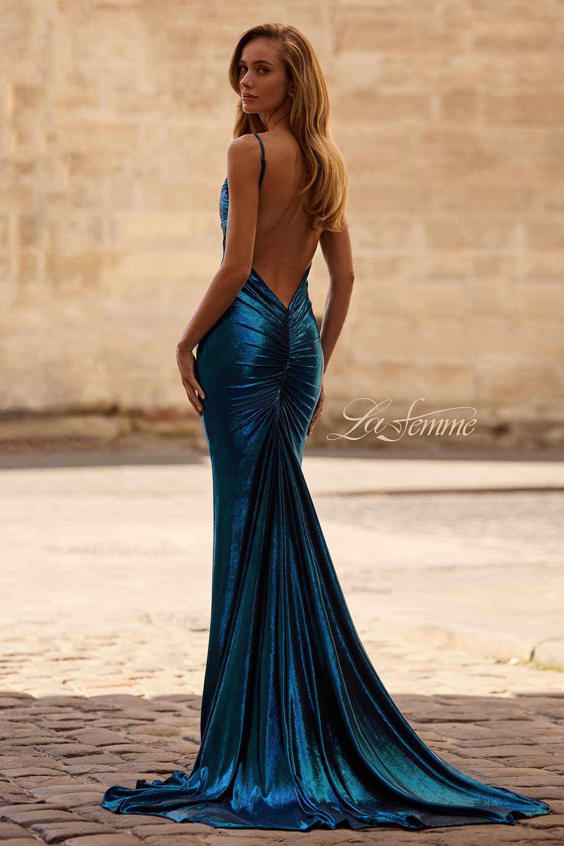 Low Back Metallic Prom Dress with Ruching by La Femme