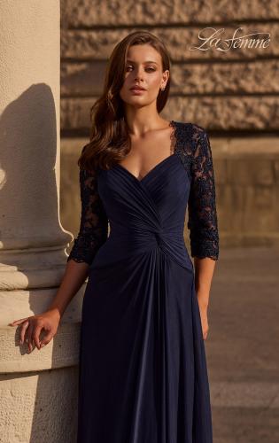 La Femme Portrait Neck navy Lace Gown size 12 discount