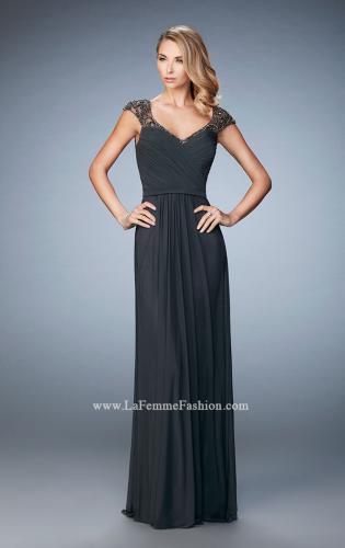 Picture of: Lace and Jeweled Prom Dress with Cap Sleeves in Silver, Style: 22974, Main Picture