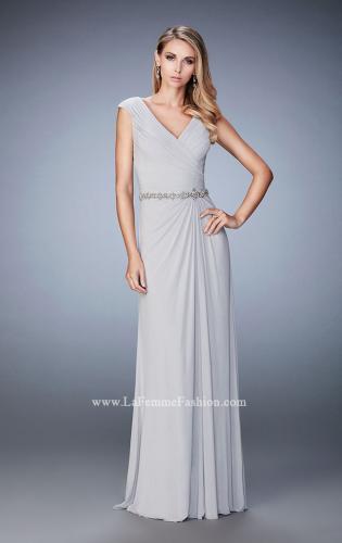 Picture of: Evening Gown with Cap Sleeves and Jeweled Belt in Silver, Style: 23024, Main Picture