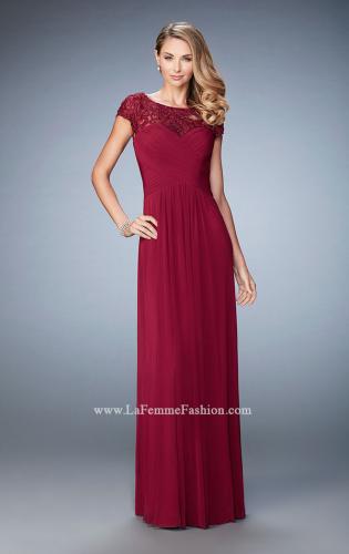 Picture of: Embroidered Lace Evening Gown with Pleated Bodice in Red, Style: 23077, Main Picture