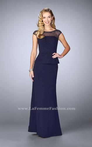 Picture of: Beaded Cap Sleeve Peplum Dress with Sheer Detail in Blue, Style: 23112, Main Picture