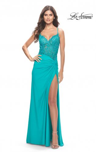 Picture of: Lace Asymmetrical Gown with Jersey Skirt and Twist Knot Detail in Neon in Aqua, Style: 31447, Main Picture