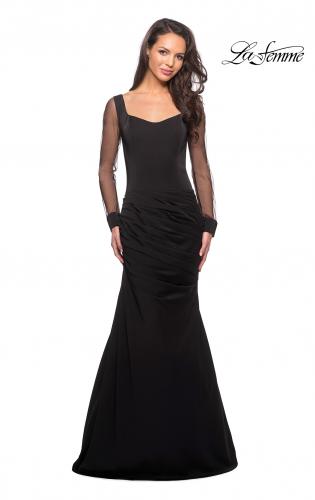 Picture of: Long Jersey Gown with Sheer Long Sleeves and Ruching in Black, Style: 25064, Main Picture