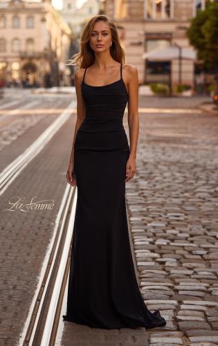 Picture of: Ruched Net Jersey Gown with Square Neckline in Black , Style 33086, Main Picture