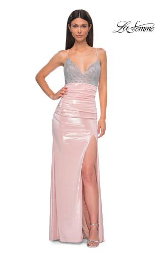 Picture of: Metallic Jersey Ruched Prom Dress with Rhinestone Bodice in Blush , Style 32793, Detail Picture 5