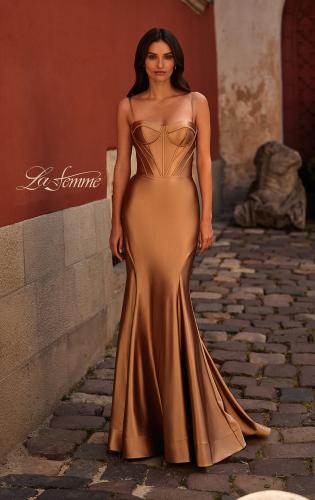 Picture of: Chic Stretch Satin Gown with Corset Top and Flare Skirt in Bronze , Style 32555, Main Picture