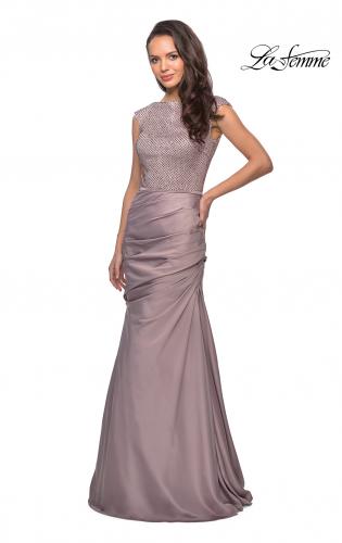 Picture of: Floor Length Gown with Beading and Cap Sleeves in Champagne, Style: 25471, Main Picture