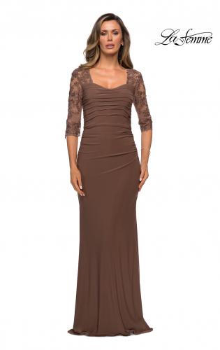 Picture of: Jersey Gown with Sheer Lace Sleeves and Ruching in Cocoa, Style: 28056, Main Picture