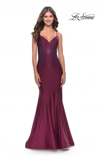 Picture of: Rhinestone Jersey Mermaid Gown with Open Back in Dark Berry, Style: 31220, Main Picture