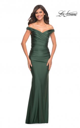 Strapless Gown with Draped Side Slit and Molded Leather Bodice