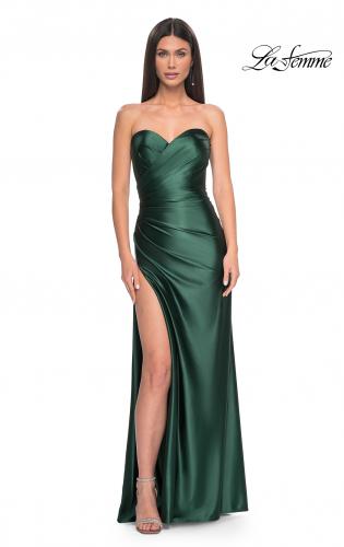 La Femme Satin Floor Length Gown With Ruched Detailing in Green
