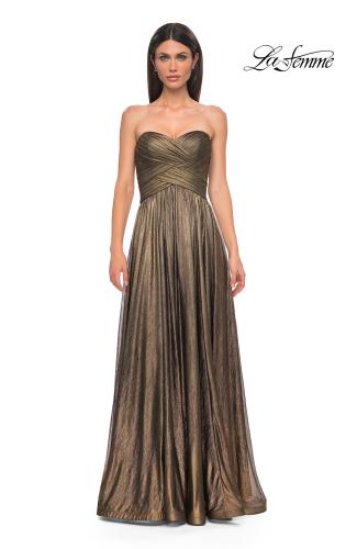 La authentic Femme Gold Metallic Lace Strapless Mermaid Gown