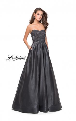 Picture of: Metallic Lace Satin A-line Gown with Pockets in Gunmetal, Style: 26151, Main Picture