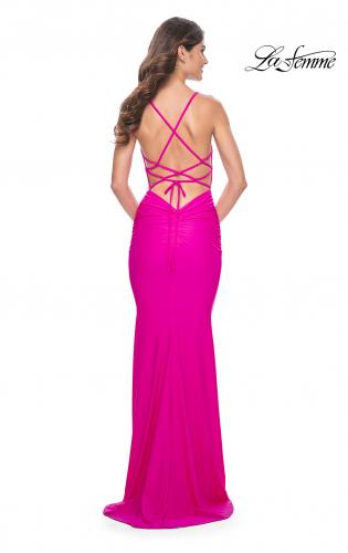 Neon Coral Long Jersey Prom Gown by La Femme