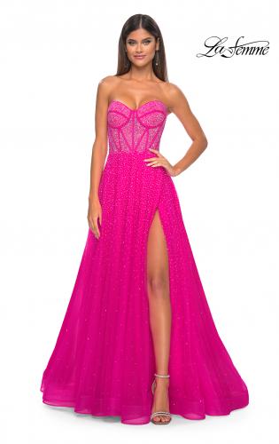 A-Line Cold Shoudler Sparkly Hot Pink Corset Prom Dress with Beading