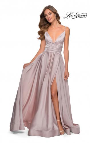 La femme strappy back satin hot sale evening dress