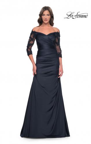 Navy off the shoulder mother of the 2024 bride dress