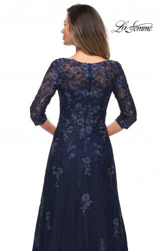 navy lace tea length dress