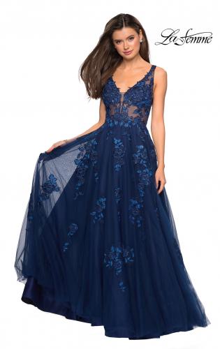 navy blue flowy prom dress