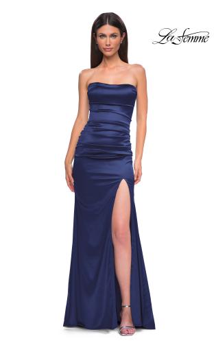 Picture of: Strapless Satin Evening Dress with Ruching and Lace Up Back in Navy , Style 32952, Detail Picture 5