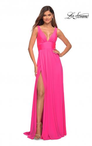 Picture of: Empire Waist Gown with Deep V Neckline in Neon in Neon Pink, Style: 30669, Main Picture