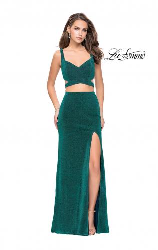 Picture of: Long Jersey Two Piece Prom Dress with Side Cut Outs in Peacock, Style: 25597, Main Picture