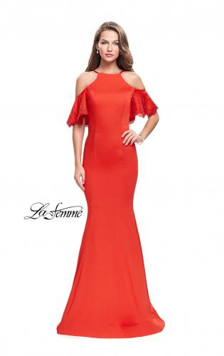 Picture of: Form Fitting Satin Mermaid Dress with Shoulder Cutouts in Poppy Red, Style: 26145, Main Picture