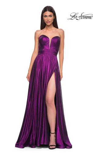 Picture of: Flowy Metallic Net Jersey Prom Dress with Intricate Ruched Bodice in Purple , Style 32899, Detail Picture 5