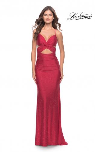 Picture of: Criss Cross Cut Out Rhinestone Jersey Dress in Red, Style: 31399, Main Picture