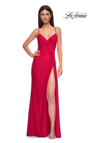 Picture of: Jersey Prom Dress with Unique Ruched Waist and Lace Up Back in Red , Style 32977, Main Picture