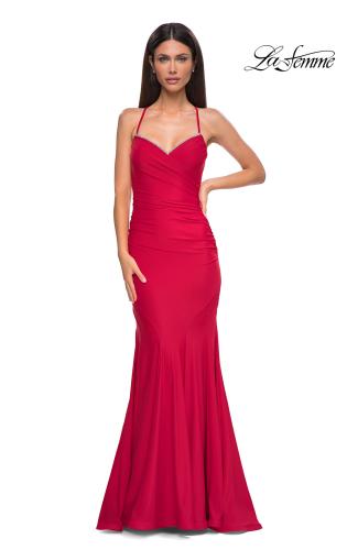 Picture of: Ruched Jersey Mermaid Prom Dress with Rhinestone Neckline in Red , Style 32918, Detail Picture 9