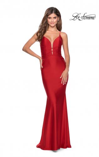 red prom dress with bow on the back