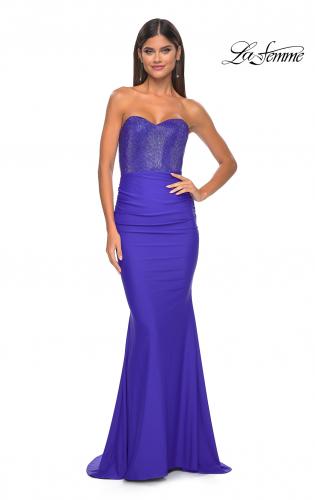 NWT GORGEOUS deals LA FEMME ROYAL PURPLE STRAPLESS RHINESTONES GOWN.