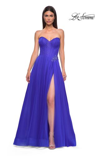 Picture of: Strapless A-line Tulle Dress with Floral Waist Detail in Royal Blue, Style 32789, Detail Picture 5