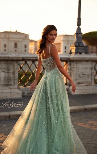 La Femme Gigi- 24412 Graceful Lace Bateau Sheath Long Evening Gown