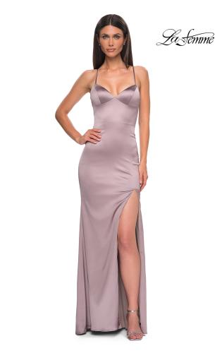 Picture of: Fitted Simple Satin Prom Dress with Lace Up Back in Taupe , Style 33010, Main Picture