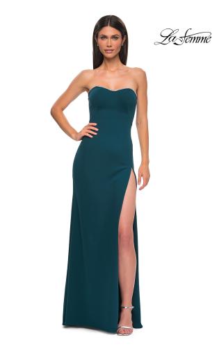 Picture of: Jersey Strapless Dress with Sweetheart Rhinestone Lined Neckline in Teal , Style 32829, Detail Picture 5