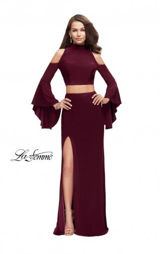 Picture of: Long Two Piece Dress with Cold Shoulders and Bell Sleeves in Wine, Style: 25353, Main Picture