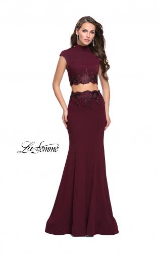 Crop Top Two Pieces Long prom Dress with lace appliques with Long