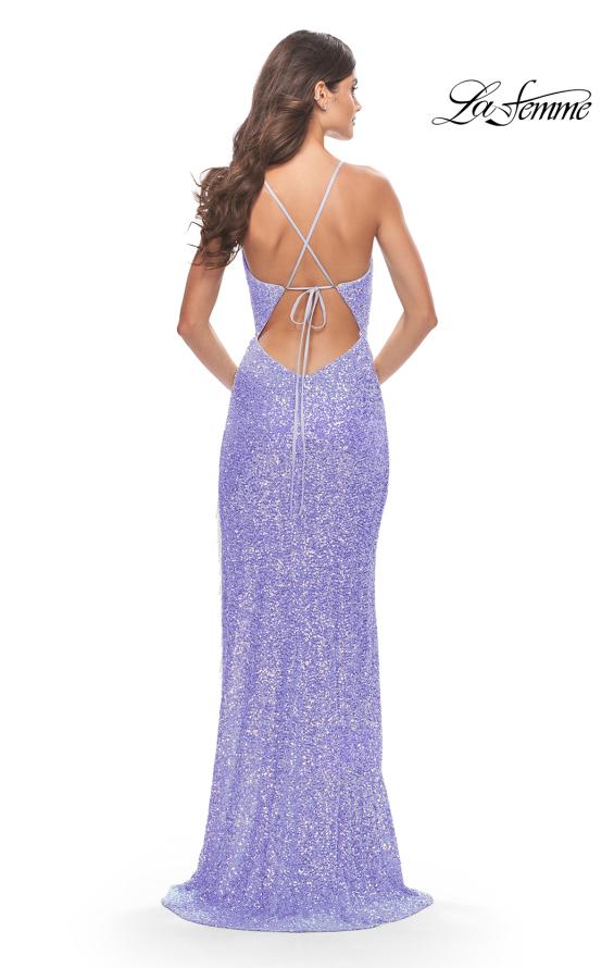 Picture of: Sequin Dress with Stunning Fringe Beaded Slit in Pastels in Periwinkle, Style: 31444, Back Picture