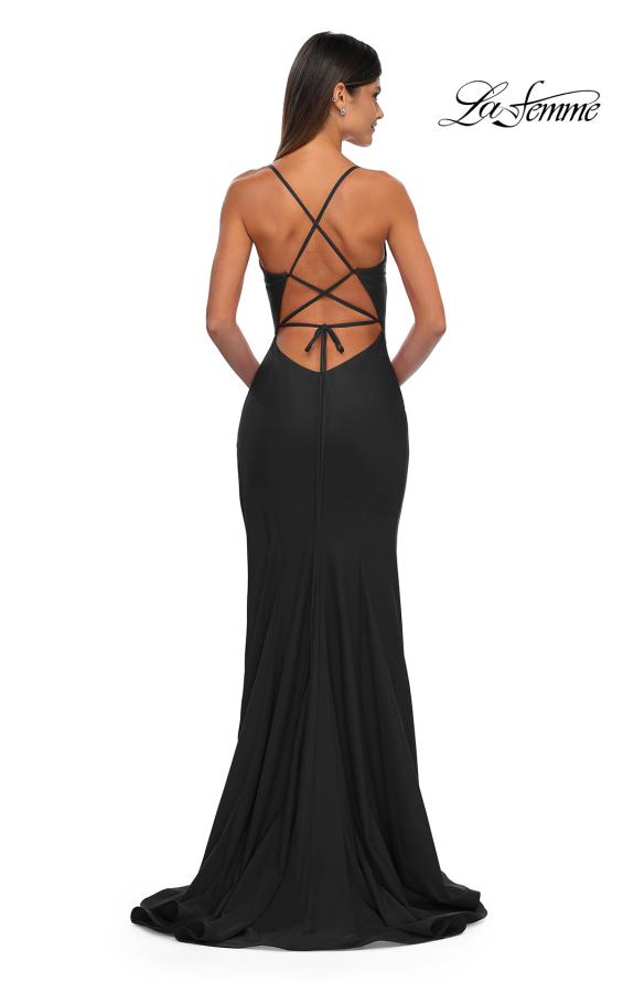 Picture of: Fitted Jersey Prom Dress with High Side Slit in Black, Style: 33080, Back Picture