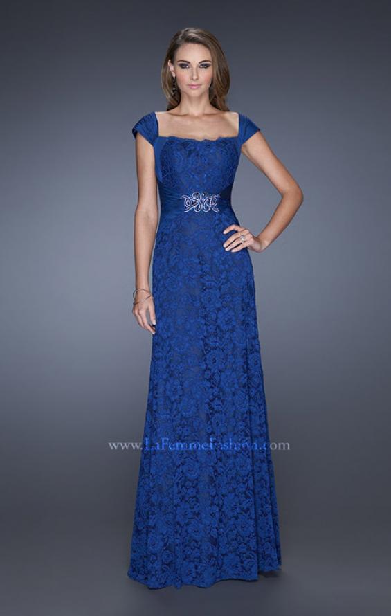 Picture of: Long Lace Dress with Ruched Chiffon Belt and Cap Sleeves in Blue, Style: 19509, Main Picture