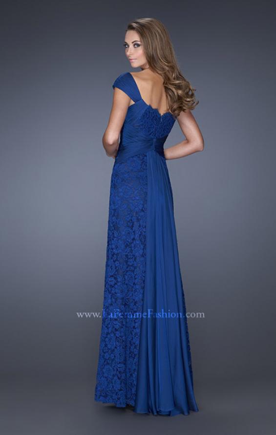 Picture of: Long Lace Dress with Ruched Chiffon Belt and Cap Sleeves in Blue, Style: 19509, Back Picture