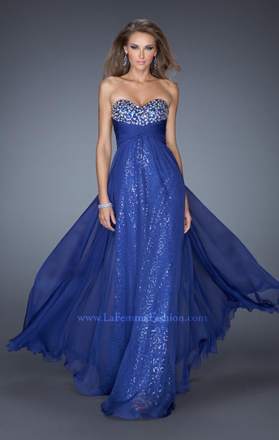 La Femme Strapless Sequin Prom Dress with Chiffon Overlay - Blue sold & Gold